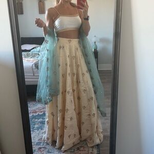 Elegant Cream Lehenga with Seafoam Green Dupatta and Gold Dupatta